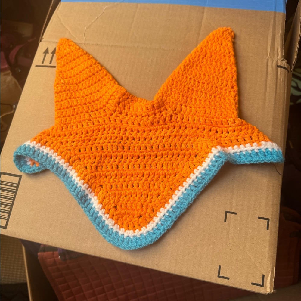 Custom Fly Veil Tangerine Orange 🍊 and Bright Blue Piping - Horse Sized